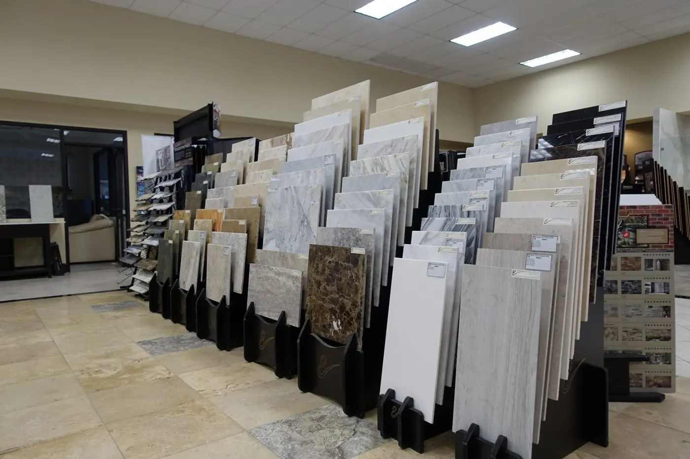 Racks of marble, travertine and stone tile samples
